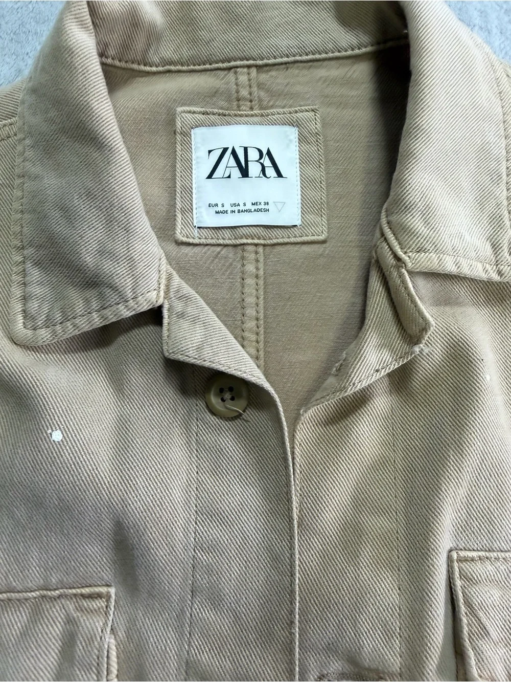 Zara Beige Utility Patch Jacket Small Paint Splatter Military Shacket